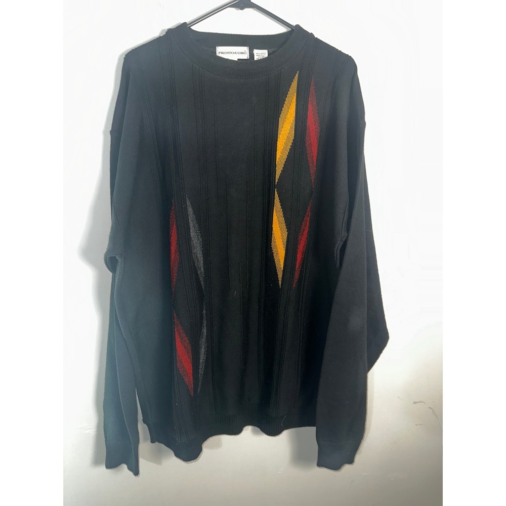 VTG 90s Pronto Uomo Geometric Abstract‎ Sweater Black XLT Tall Made in USA